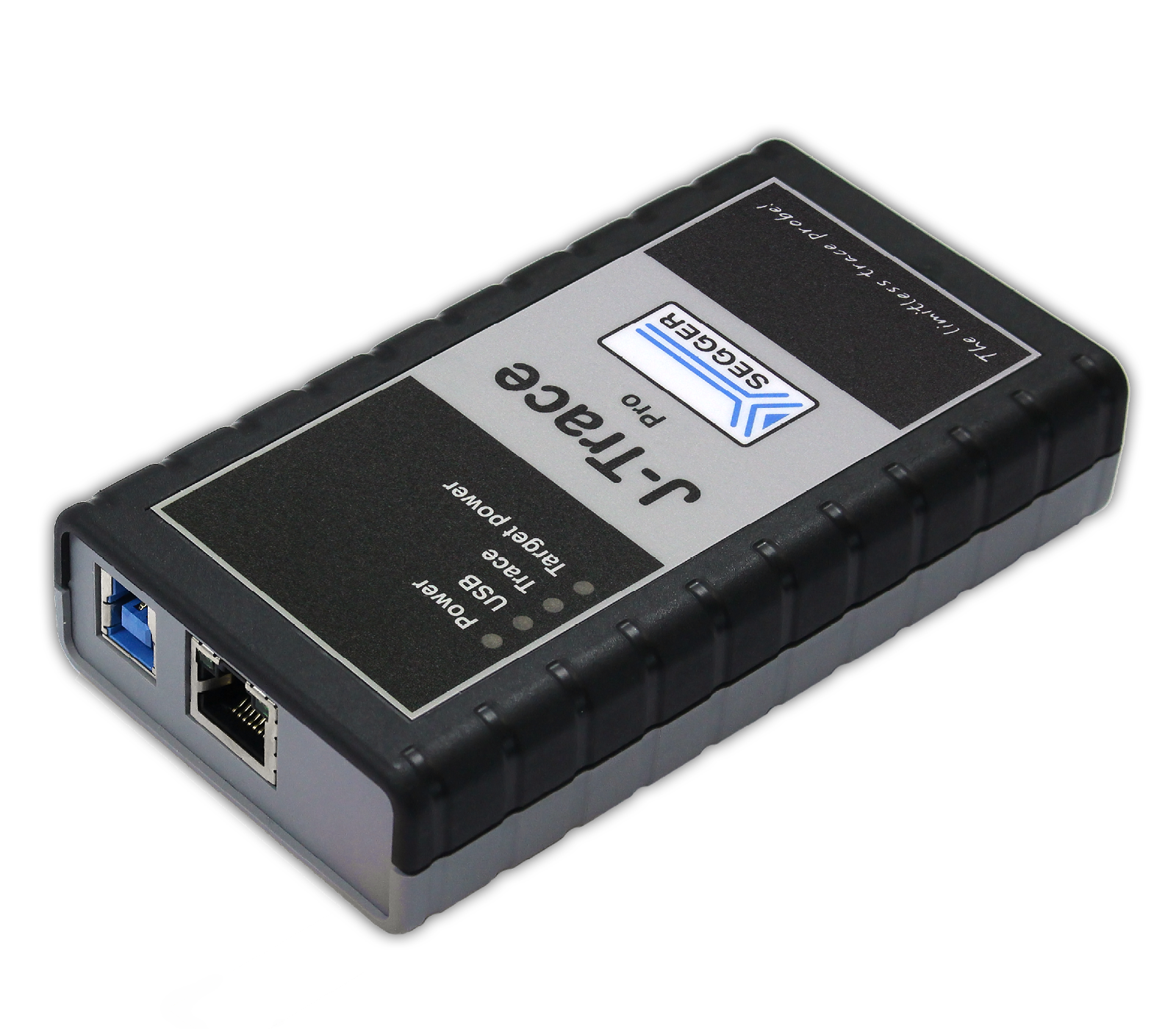 A rectangular device with a textured black casing features a label marked "J-Trace pro" from Seagate. The device has ports for USB and Ethernet connections on one end, indicating it is likely used for data transfer or tracing purposes.