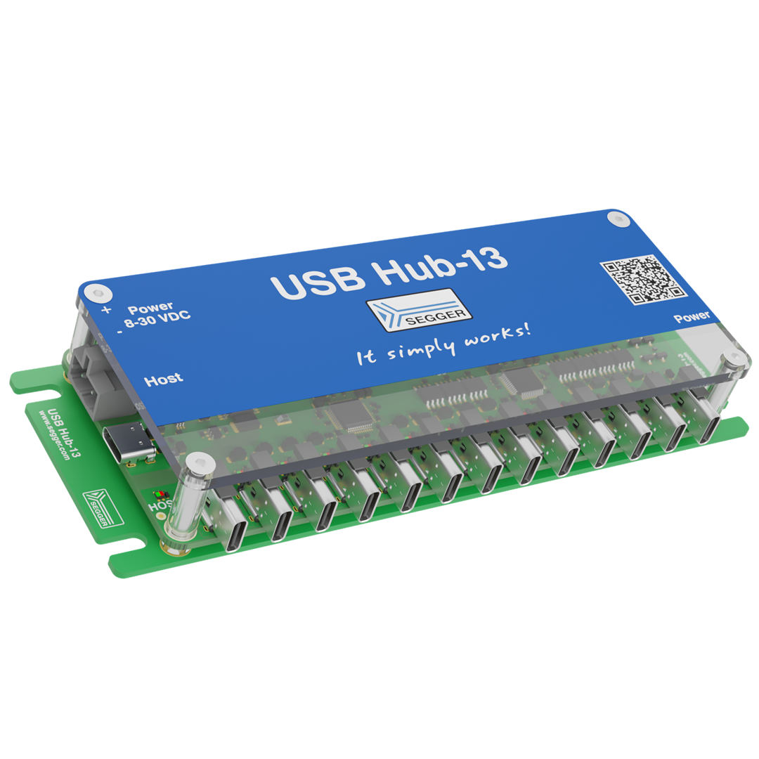 A USB hub labeled "USB Hub-13" with a blue cover, featuring multiple USB ports on a green circuit board. The text “It simply works!” is printed on the cover. The hub is designed for power input between 8-30 VDC.