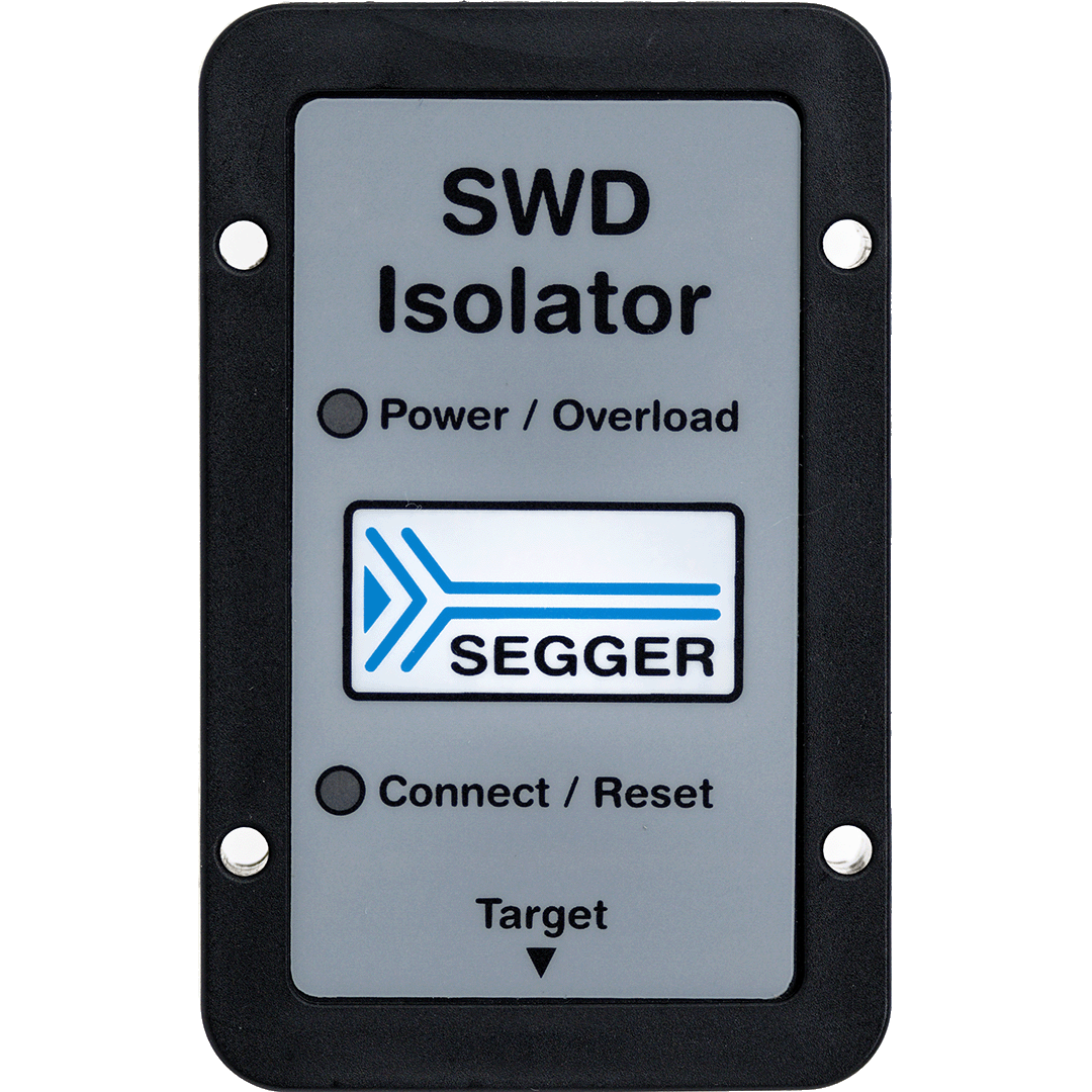 A rectangular device labeled "SWD Isolator" with buttons for "Power / Overload," "Connect / Reset," and an arrow pointing to "Target." The brand name "SEGGER" is displayed prominently on the device.