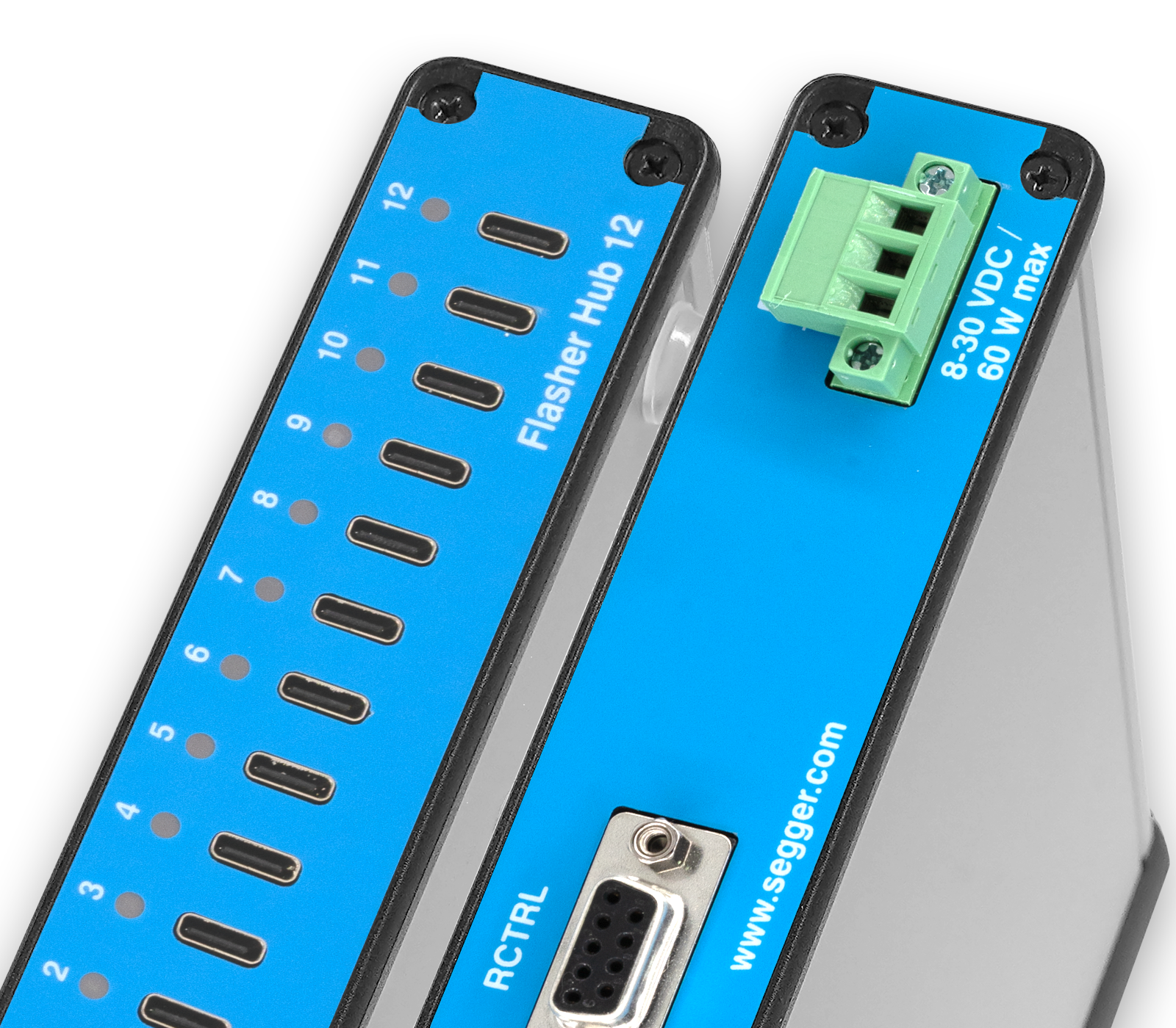The image features a device labeled "Flasher Hub 12," with twelve numbered slots and connection points. It indicates voltage specifications of 8-30 VDC and a maximum power of 60 W. The device has a streamlined appearance typical of electronic hubs.