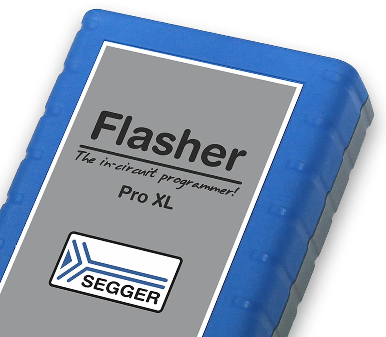 A rectangular device with a gray surface labeled "Flasher" and "Pro XL" underneath, featuring the tagline "The in-circuit programmer!" The device has a blue protective casing and a SEGGER logo at the bottom. It is designed for programming electronic circuits.