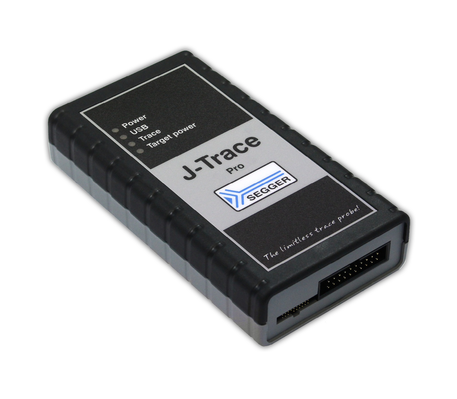 This image shows a J-Trace Pro debugging tool, a compact rectangular device with a black and gray casing. The label includes indicators for power, USB, trace, and target power connections, along with the SEGGER logo. The device is used for embedded system debugging.
