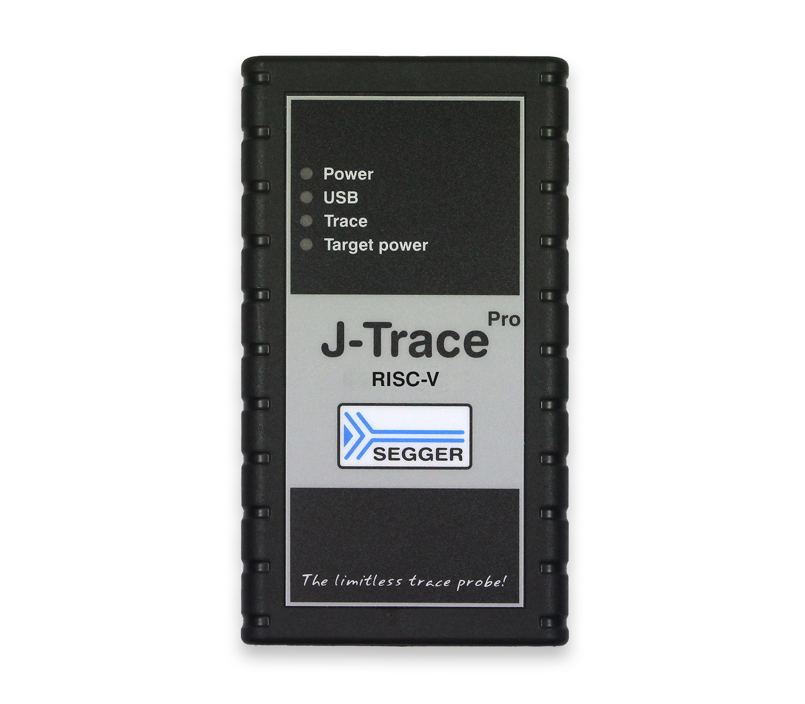 Image of a J-Trace Pro device for RISC-V debugging. The black casing features a grey panel with labels for "Power," "USB," "Trace," and "Target power." The SEGGER logo is displayed below the brand name, and a tagline reads, "The limitless trace probe!"