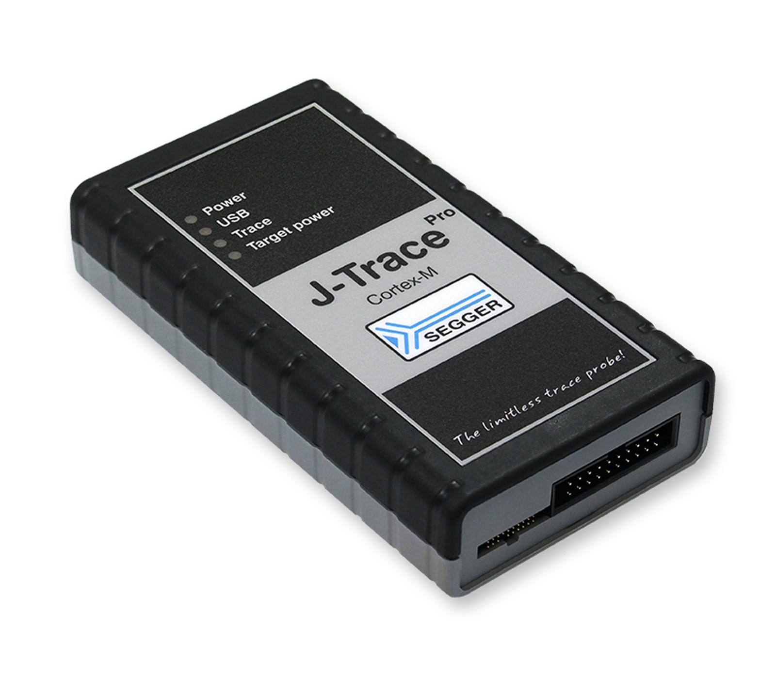 A black rectangular device labeled "J-Trace Pro Cortex-M" is displayed. It features indicator lights for power, USB, trace, and target power. The device is designed for programming and debugging microcontrollers, emphasizing its capability with the tagline "The limitless trace probe!"