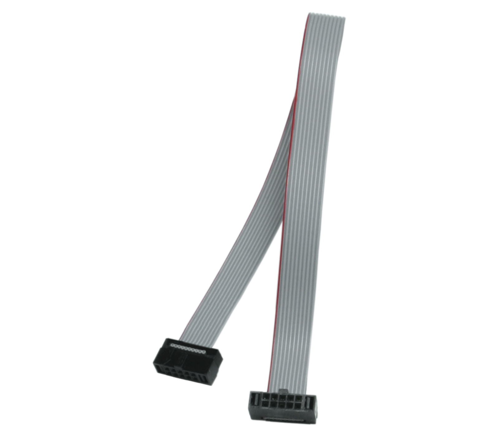 Two gray ribbon cables are shown, each with a black connector on one end. The cables are flat, with a red stripe running along one side, indicating their orientation. They are commonly used for connecting internal components in computers.