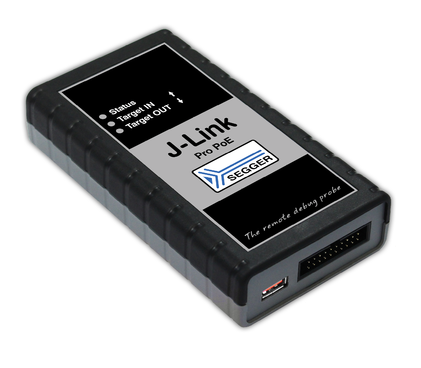 Image of a J-Link Pro PoE debugging probe. The device features a primarily black and grey casing with an interface displaying "Status," "Target IN," and "Target OUT." It includes a SEGGER logo and a port for connection. 