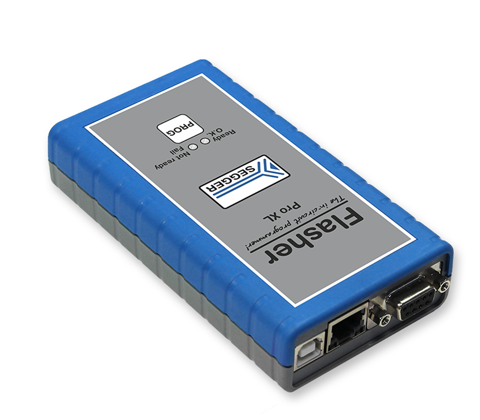 Image description: A compact device with a blue and gray casing featuring the brand name "Fleasher" on its label. The device has multiple ports on one side, including an Ethernet port and a serial connection, indicating its function as a network tool.