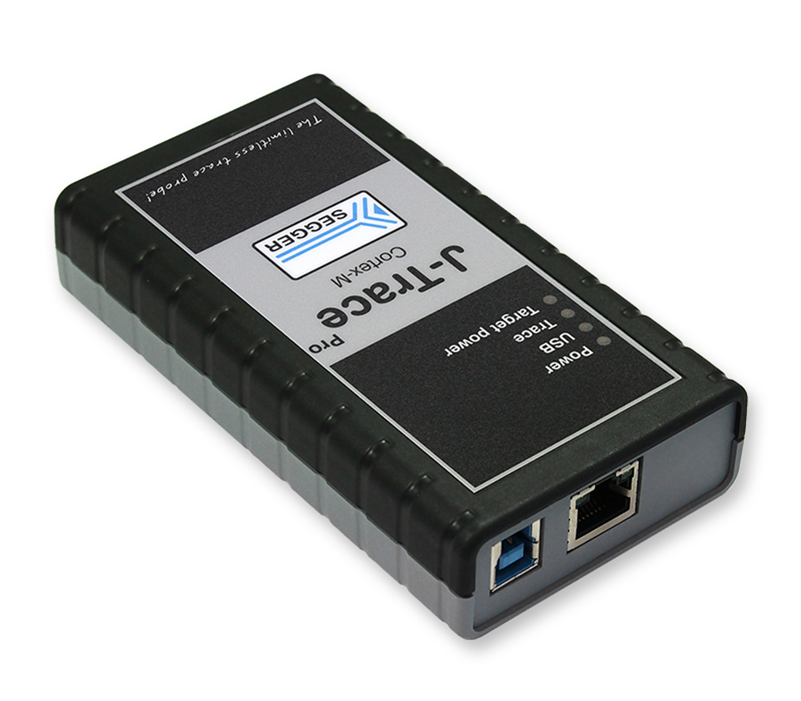 A compact device with a black and gray exterior, labeled "J-Trace Pro" by Segger. It features various ports including USB and Ethernet. The design includes a textured grip and indicates power status with LED lights. It is used for debugging and programming applications.