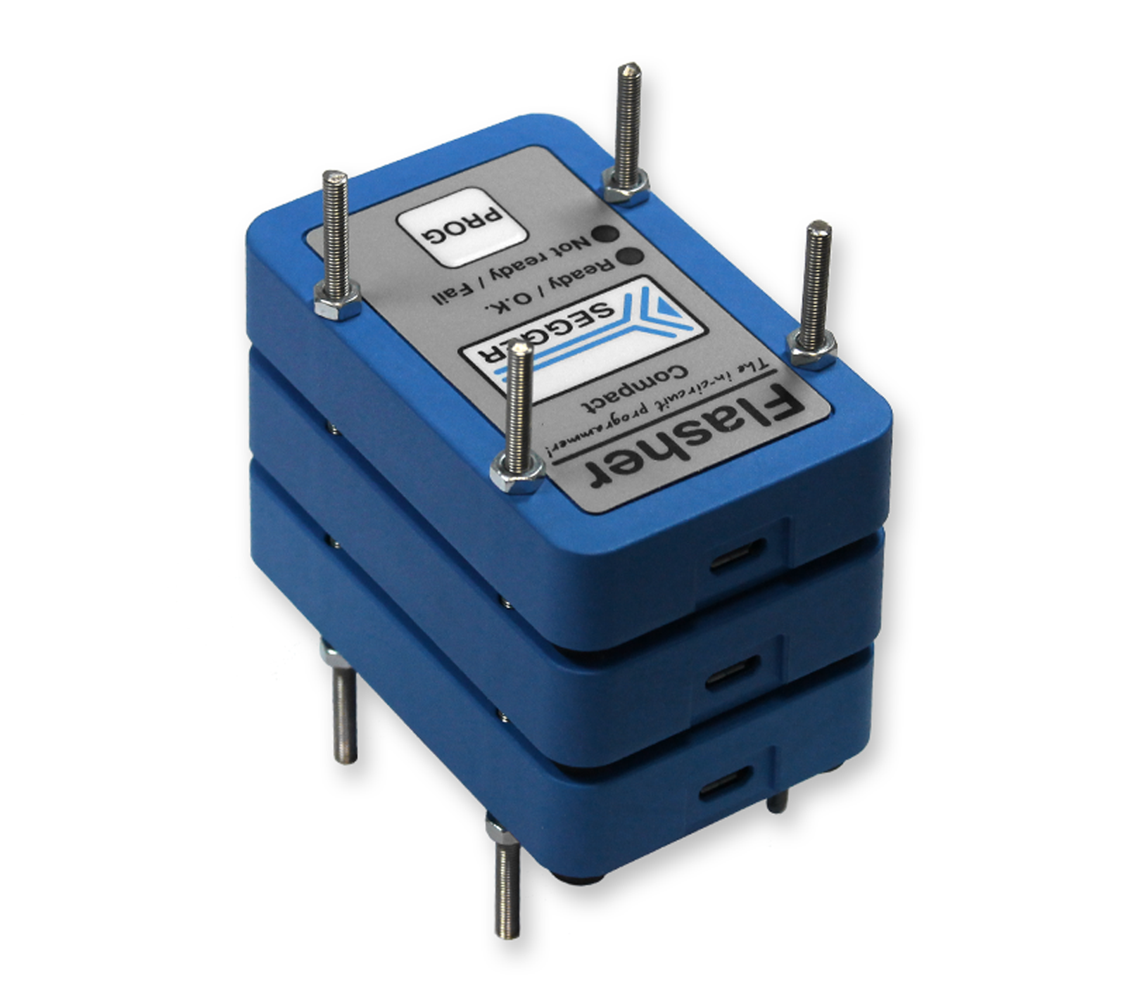 Image of a blue electronic device featuring multiple stacked units. The top unit has a control panel with labels indicating various operational statuses. The device is designed for securing connections, and has multiple metal protrusions for mounting.