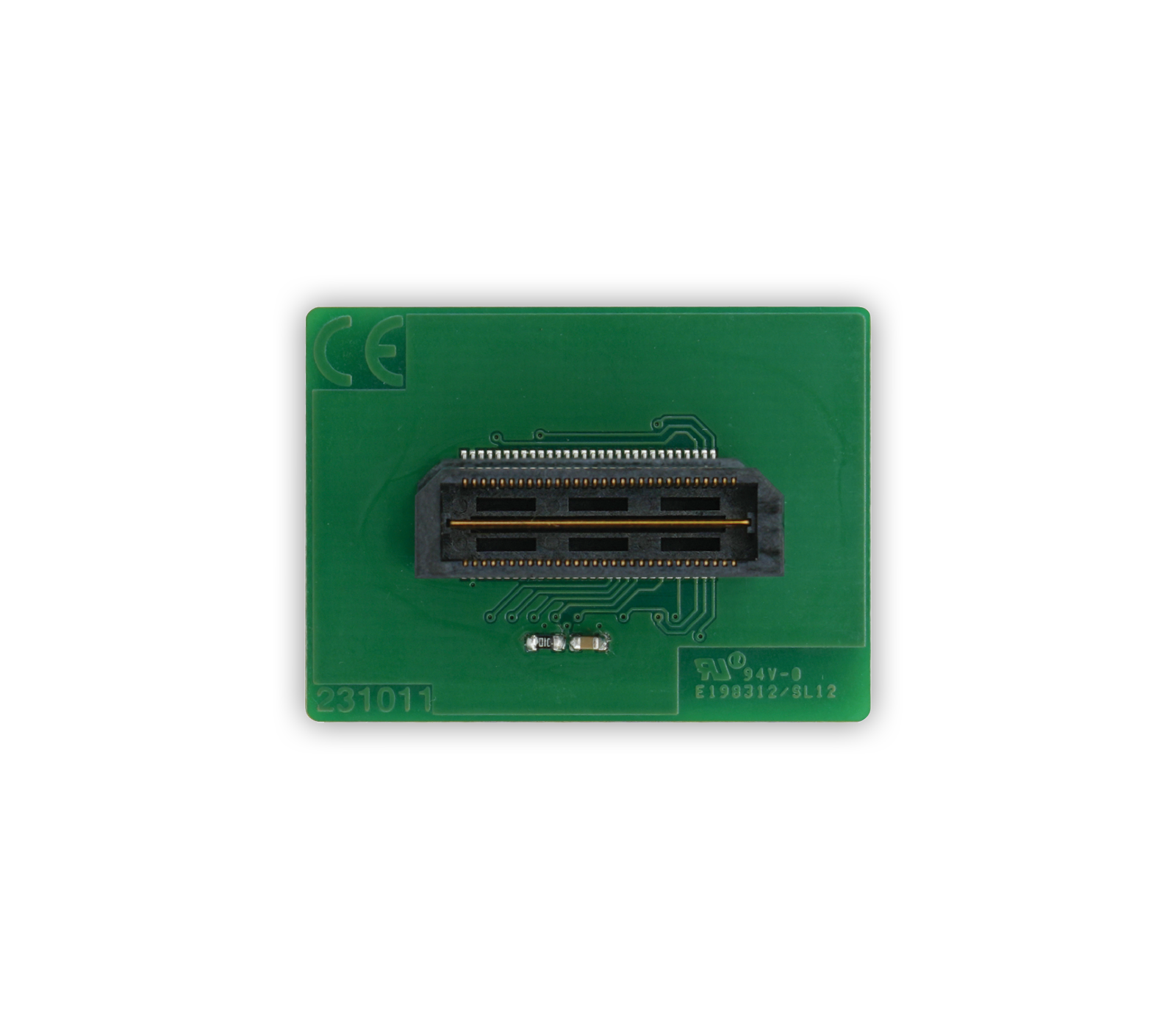 Image of a green circuit board featuring a connector with multiple pins at the center. The board includes circuitry patterns and small components. The top corner has a "CE" marking, and the bottom corner displays a code.