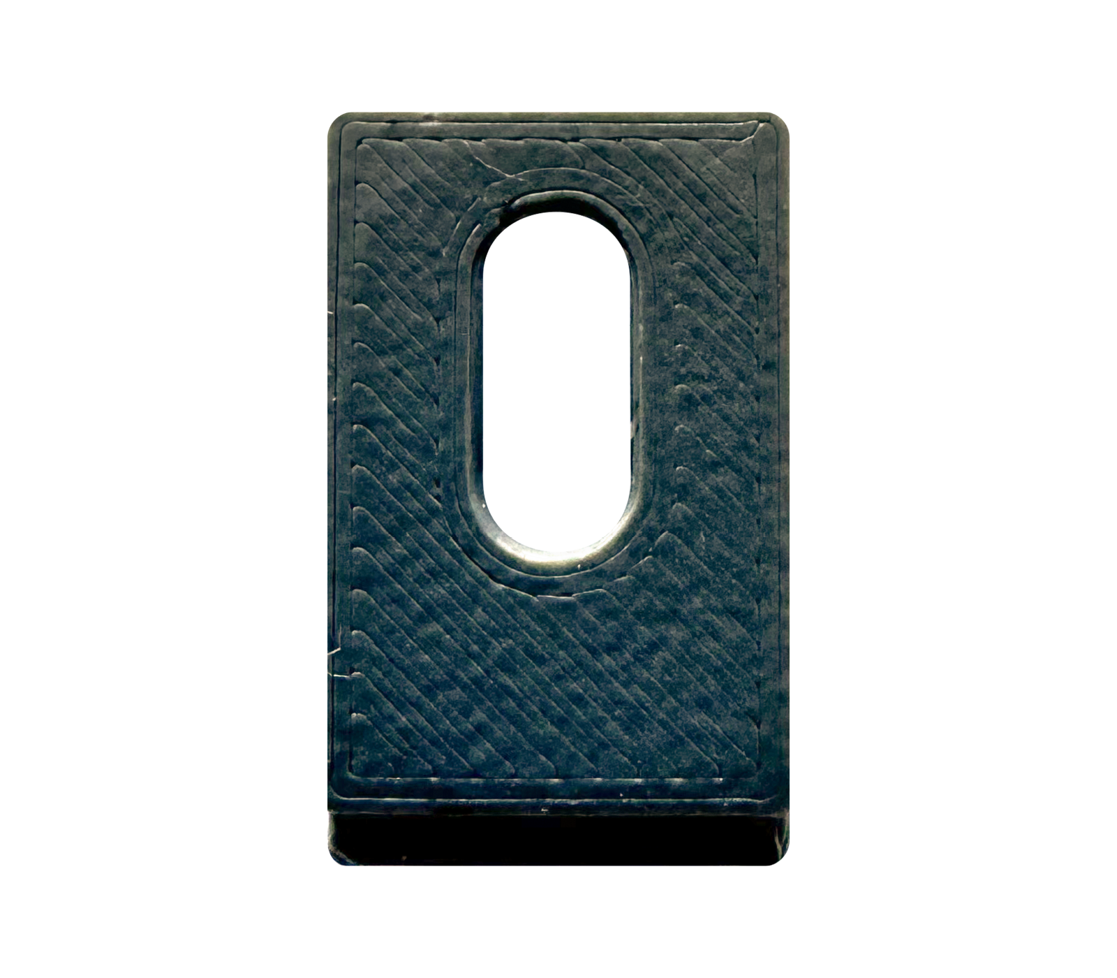 A black rectangular object with a central oval cutout and textured lines, resembling a simple keycard or a license holder. The object is centered against a plain white background.