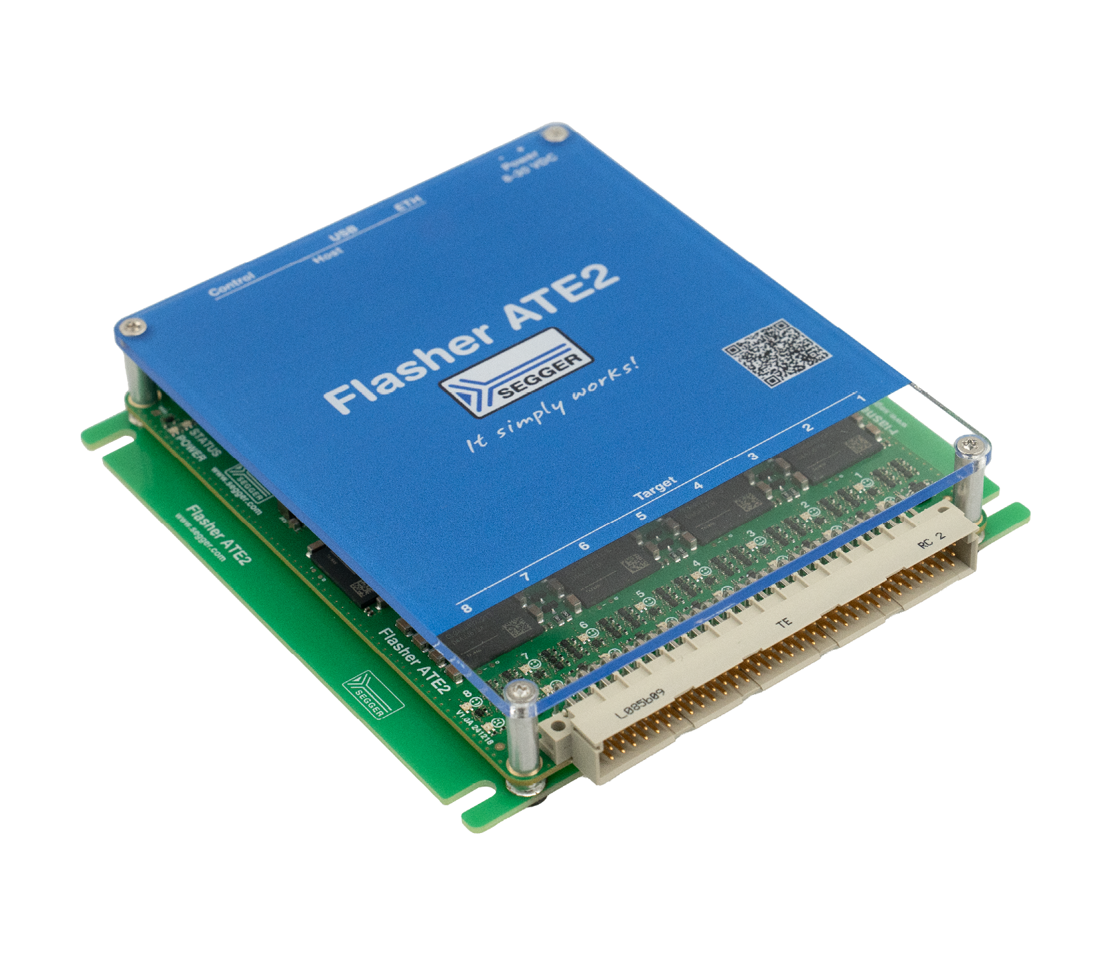 Image of the SEGGER Flasher ATE2, a programming and debugging tool. The device features a blue top panel with the text "Flasher ATE2" and "It simply works!" along with connection ports and a green circuit board base.