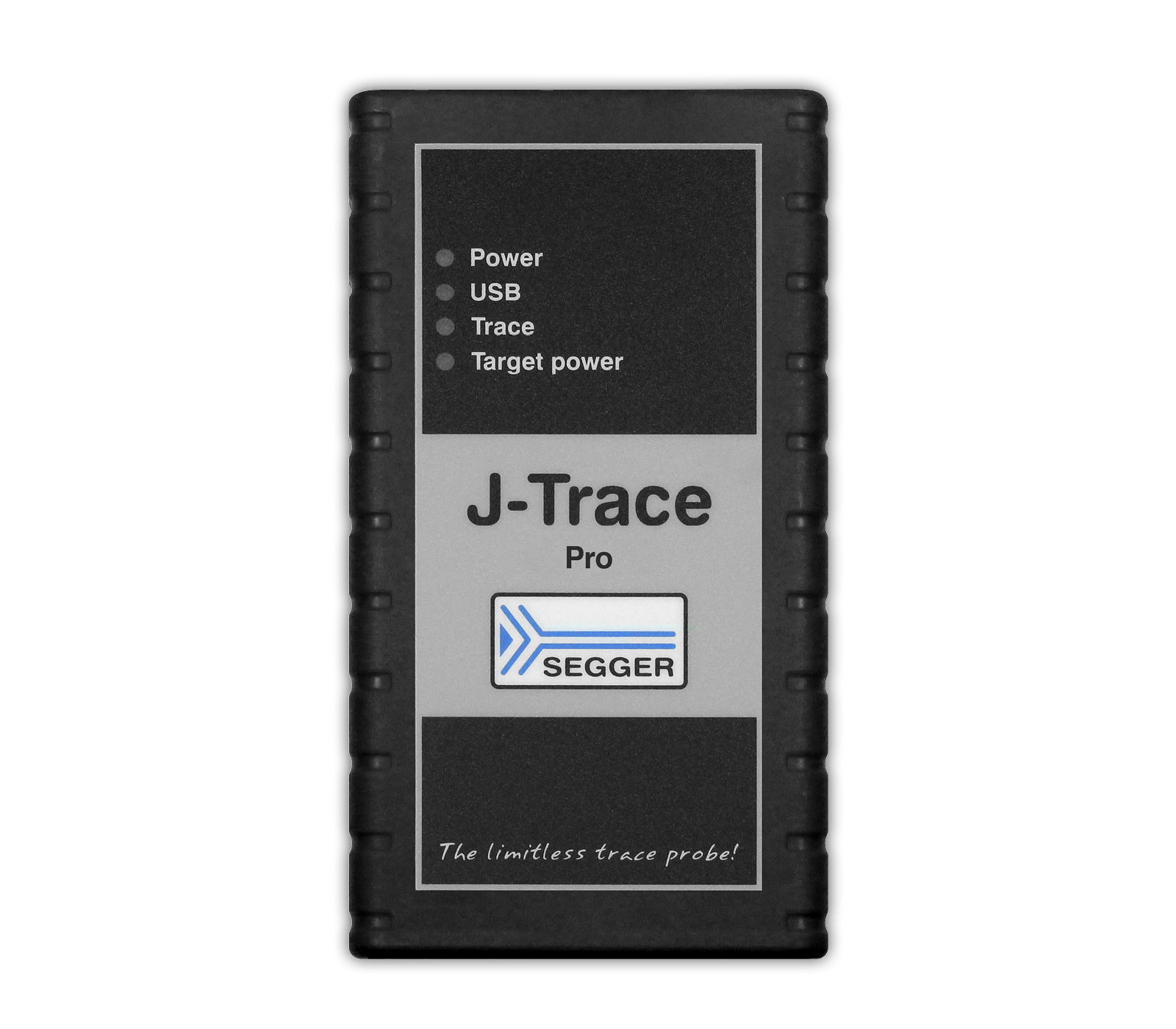 Image of a black rectangular device labeled "J-Trace Pro" by SEGGER. It includes icons for Power, USB, Trace, and Target Power. A slogan at the bottom reads, "The limitless trace probe!" The design is functional, intended for technical use.