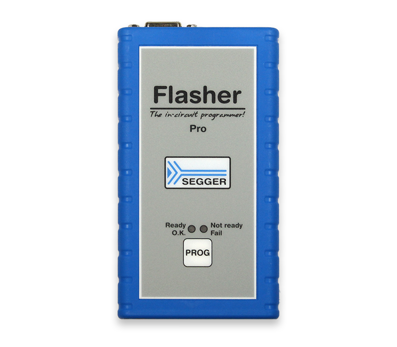 A rectangular device labeled "Flasher Pro" with a gray front and blue sides. It features three status indicators (Ready, Not Ready, Fail) and a "PROG" button. The brand "SEGGER" is also displayed. This device is used for in-circuit programming.