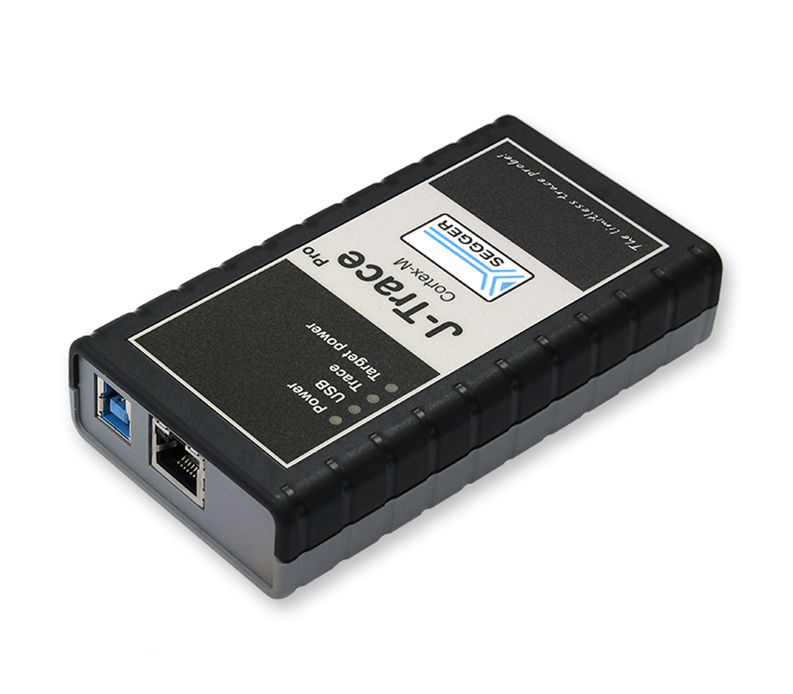A black rectangular device with a label identifying it as "J-Trace Pro" sits at an angle. It features USB ports on one side and has a textured surface for grip. The device is used for programming and debugging electronic devices.