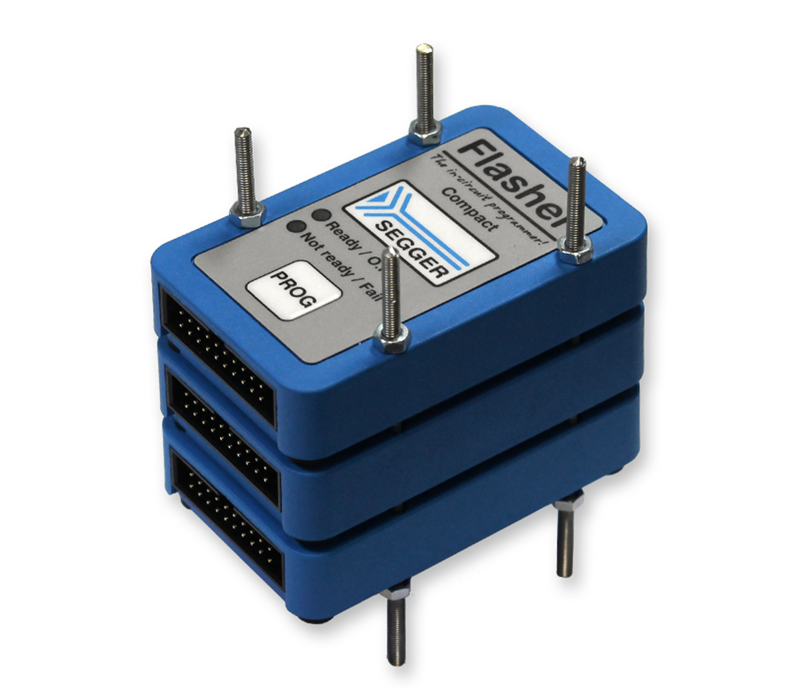 A blue SEGGER Flasher device with a compact, stacked design. It features buttons labeled "READY" and "PROG" along with indicators for operation status. The device has multiple connection ports at the bottom, typically used for programming electronic devices.