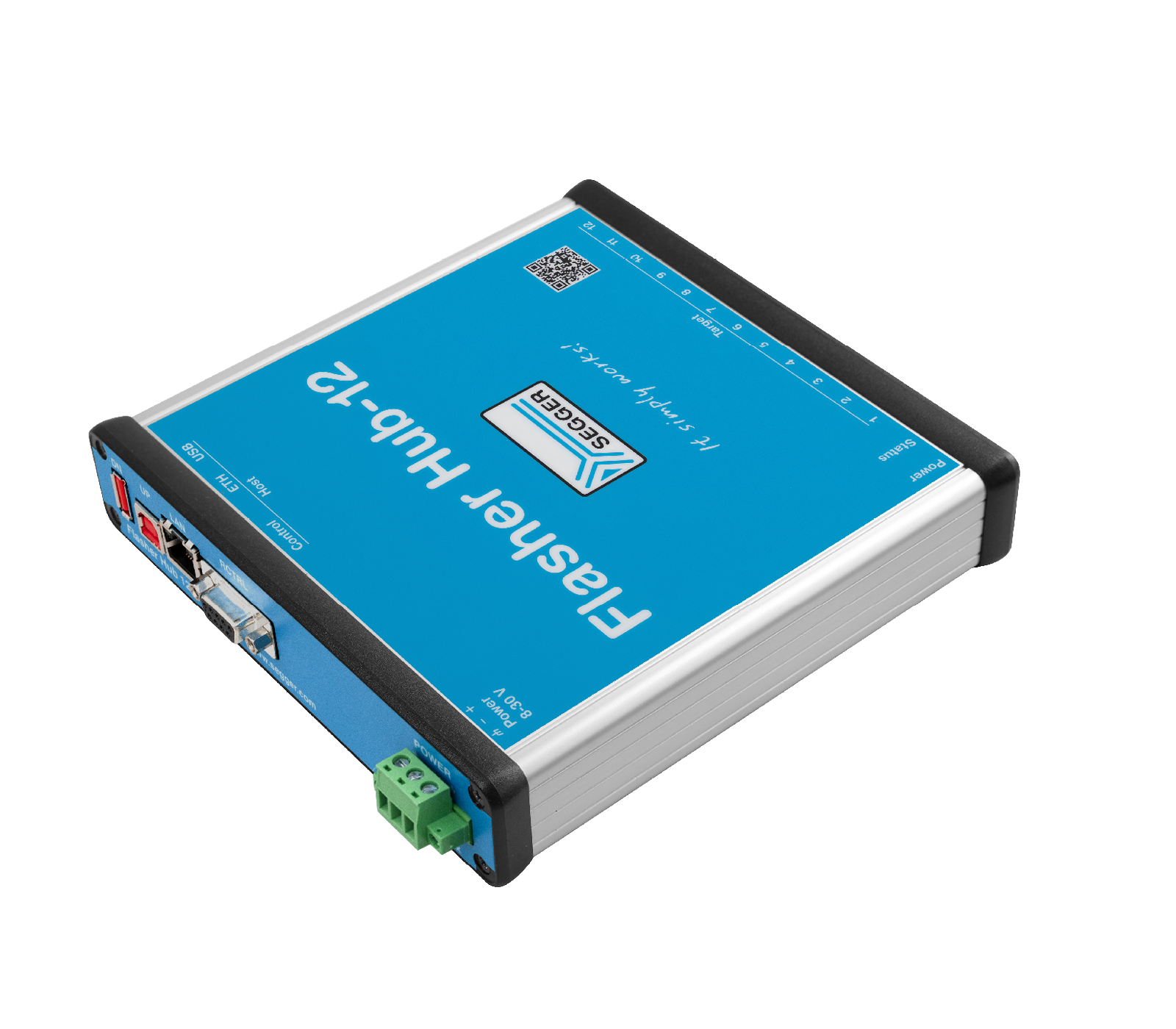 A blue device labeled "Fasther Hub-12" with connections on one side. It features a logo and barcode. The design is sleek and rectangular, built for device connectivity and integration.