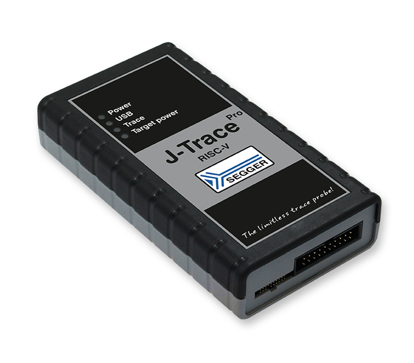 A rectangular black device labeled "J-Trace Pro RISC-V" with connection ports on one side. It features indicators for power, USB, trace, and target power on the top. The device is used for tracing in electronic development, enhancing debugging capabilities.