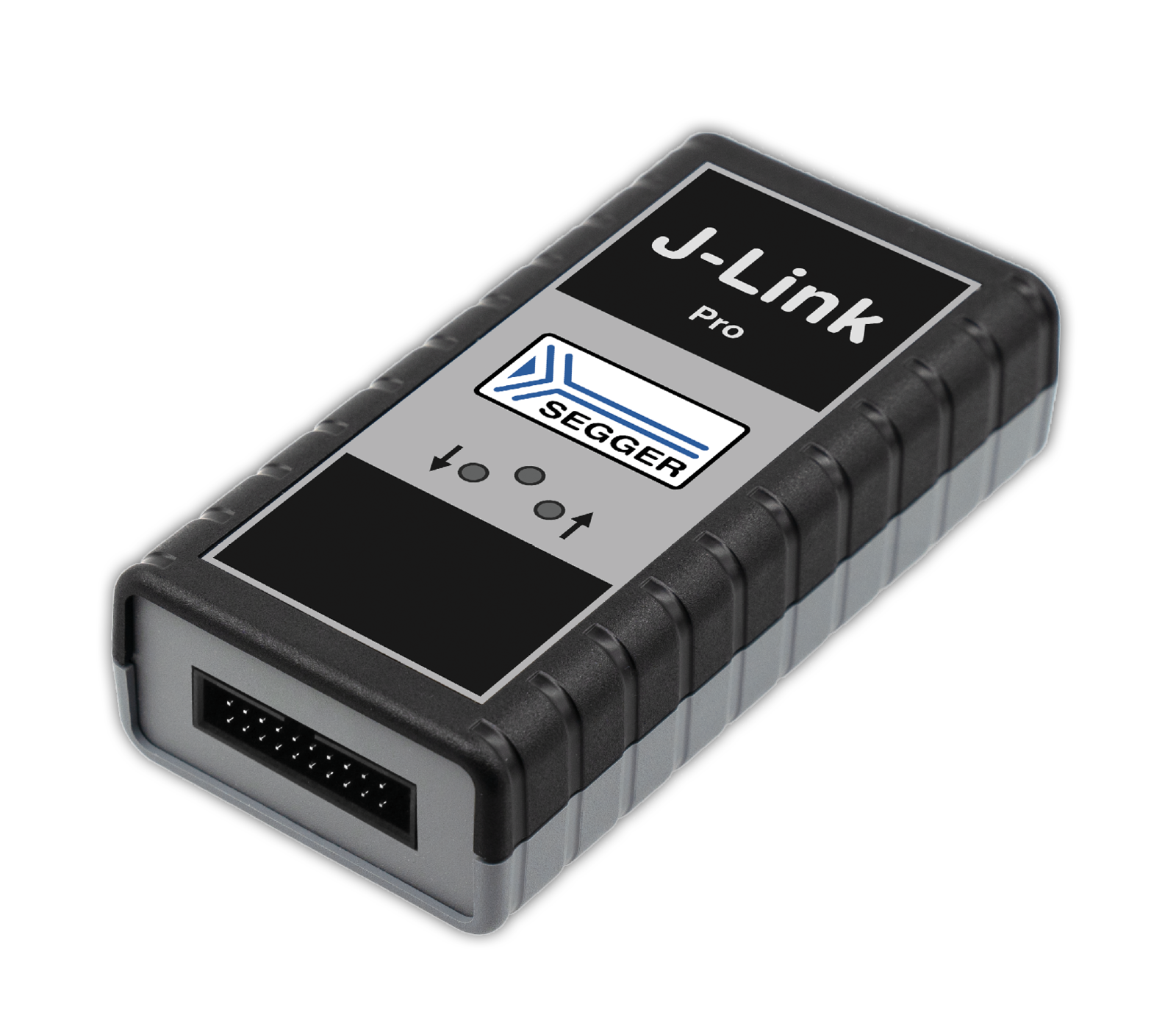 The image shows a compact electronic device labeled "J-Link Pro" by SEGGER. The device features a rectangular shape with a textured black and gray design. It has indicator symbols and a connector port on one end, used for programming and debugging embedded systems.