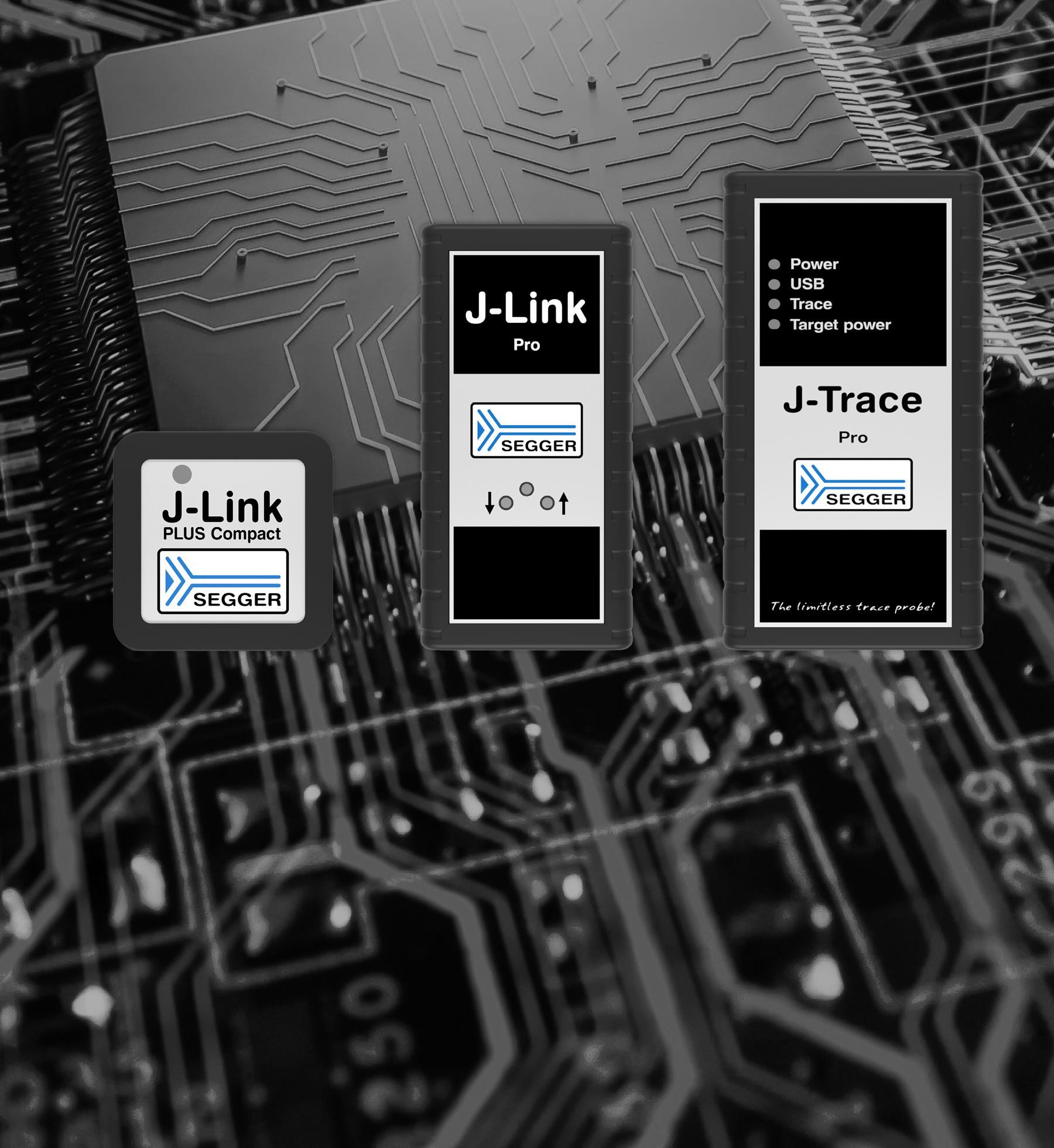 The image displays three SEGGER devices: J-Link PLUS Compact, J-Link Pro, and J-Trace Pro. Each device features a logo and icons indicating functionalities like power and USB connections, set against a background of circuit board patterns.