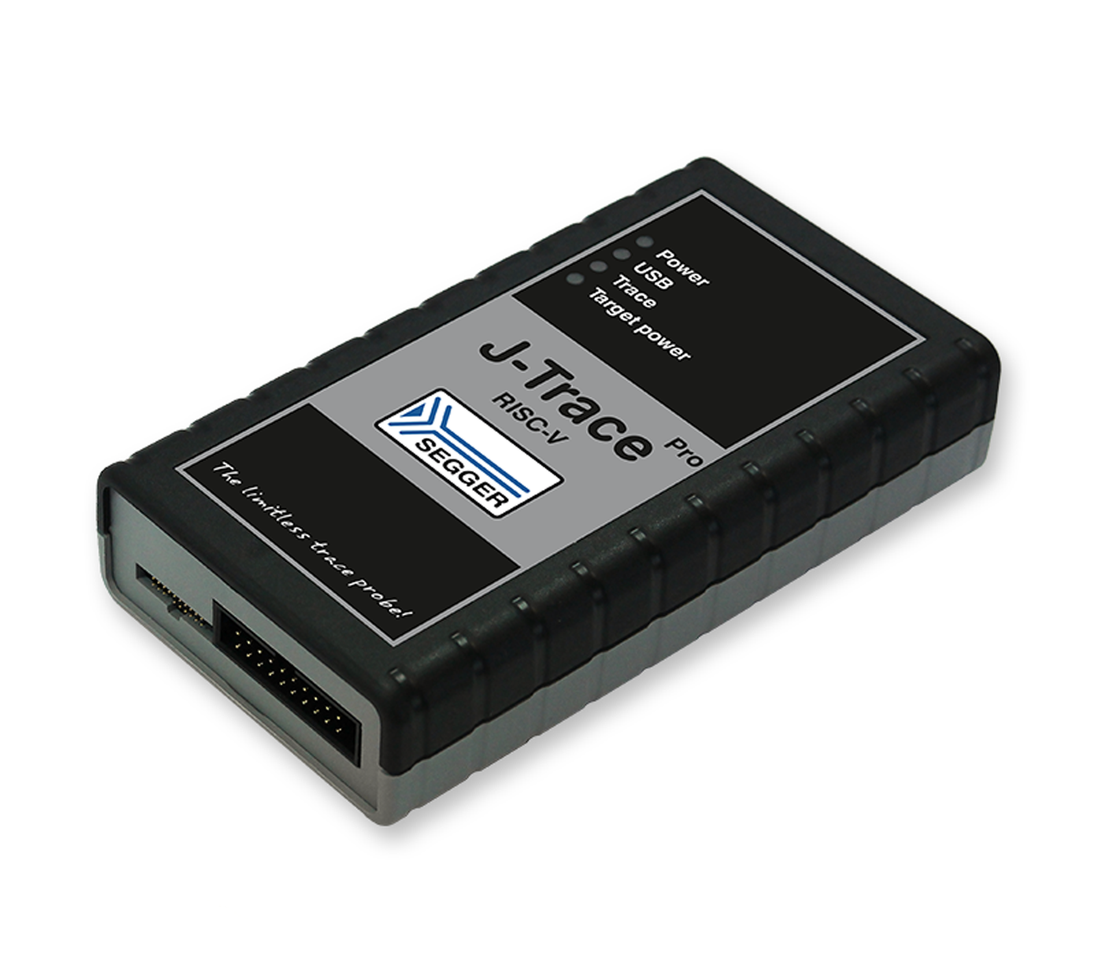 A black device labeled "J-Trace Pro RISC-V" with indicators for power, USB, and target power. It features a smooth surface and multiple connection ports on one side, designed for use in programming and debugging applications. The tagline reads, "The limitless trace probe!"