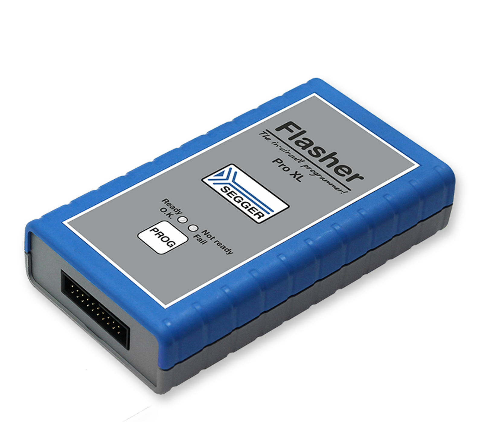 Image of a SEGGER Flasher Pro XL device, a rectangular programming tool with a blue and grey casing. The front displays the SEGGER logo and indicators for status: "Ready," "Not ready," and "Fail," along with a programming port on one side.