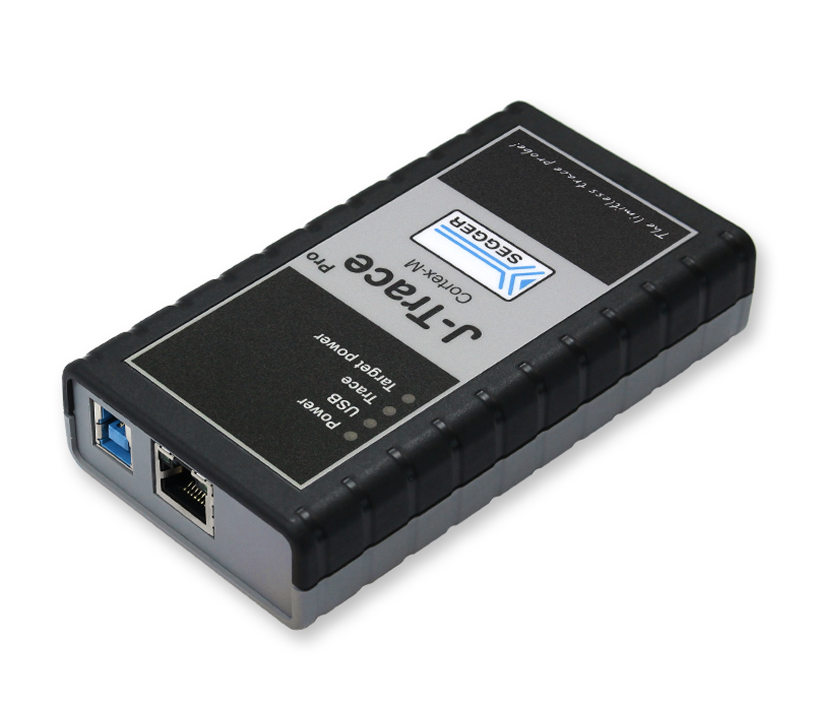 A black and gray device with the label "J-Trace" and the brand name "Segger." The device features multiple ports, including USB and Ethernet connections, indicating it is likely used for debugging or programming electronic hardware.
